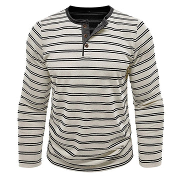 AIDASE  -  New Men's Henley Collar Long Sleeve T-Shirts Striped Casual Button T Shirt for Men Spring Autumn Male Fashion Cotton Tees Tops aidase-shop